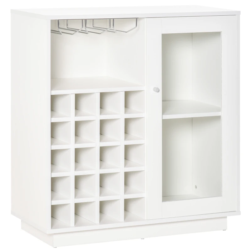 HOMCOM Aparador de Cocina con Botellero para 20 Botellas Armario Auxiliar con 1 Puerta de Cristal Estantes 80x36x85 cm Blanco
