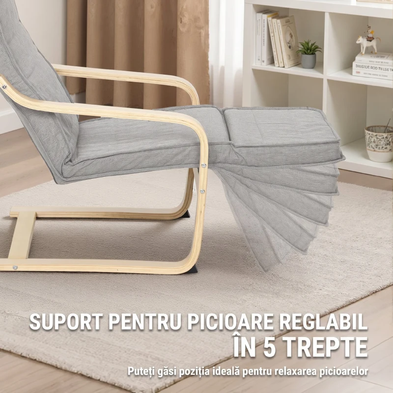 HOMCOM Fotoliu Dormitor Lemn de Mesteacăn și Material Textil cu Suport pentru Picioare Reglabil, Gri Deschis