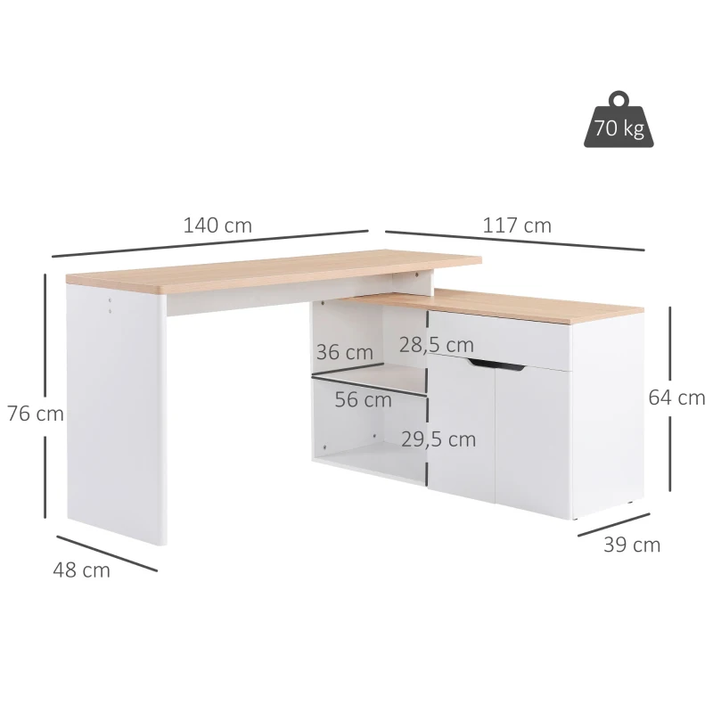 HOMCOM Scrivania Angolare con Libreria a 2 Ripiani, Armadietto e Cassetto, 140x117x76 cm, color Legno e Bianco