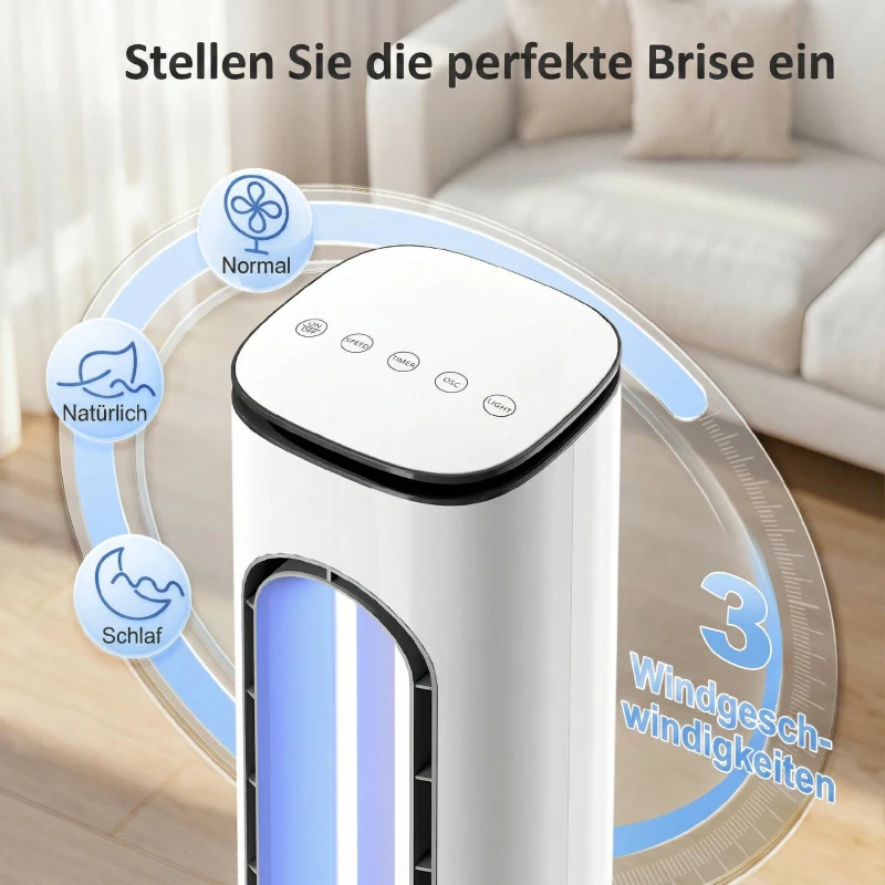 HOMCOM Rotorloser Turmventilator für Schlafzimmer, 35 dB leiser Standventilator mit 50° Oszillation, LED-Leuchten, 3 Geschwindigkeiten, 15-Stunden-Timer, Weiß