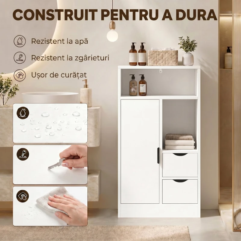 HOMCOM Dulap Baie Îngust cu 2 Sertare și Rafturi Reglabile pentru Bucătărie, Living, Hol, Alb