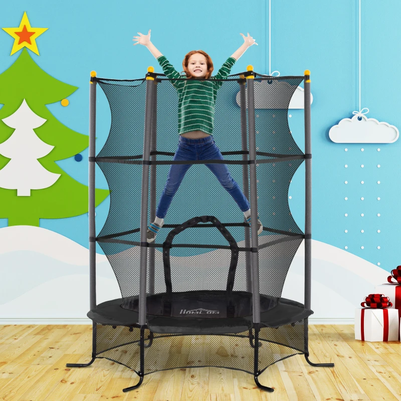 HOMCOM Trampolino Elastico per Bambini Ø1.6x1.9 m con Rete di Sicurezza e Pali Imbottiti, Età 3-10 Anni, Nero
