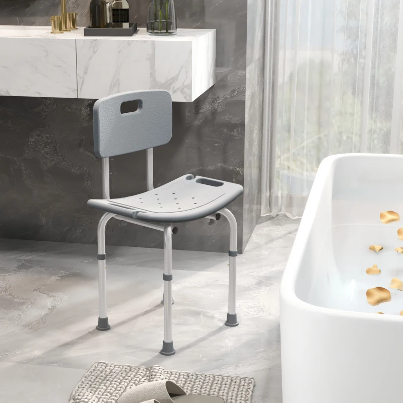 HOMCOM Taburete de Ducha Silla para Ducha con Respaldo Antideslizante Altura Regulable en 8 Niveles Carga 136 kg