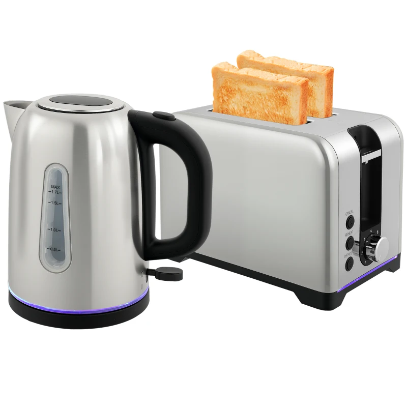 HOMCOM Simple Polished Toaster and Kettle Set - Silver Tone