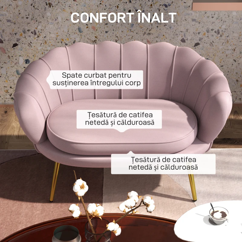 HOMCOM Canapea 2 Locuri în Stil Industrial Chic din Material cu Efect Catifea și Metal, 130x77x77 cm, Roz(m-5)