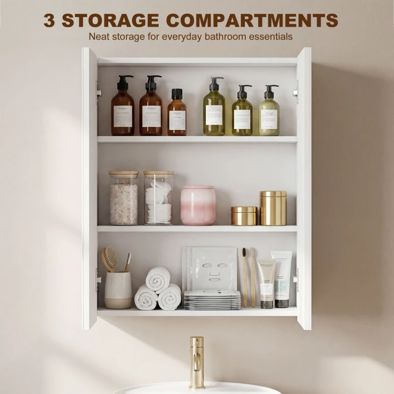 HOMCOM Bathroom Mirror Cabinet, 3-Tier Wall Mount Bathroom Storage Cabinet with Soft-Close Hinges and Adjustable Shelf, Double Door Cupboard, 60 x 15 x 75 cm, White