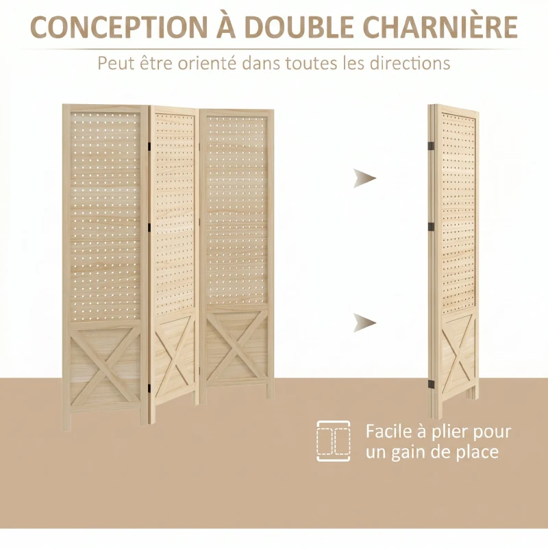 HOMCOM Paravent intérieur en bois 3 panneaux séparateur de pièce pliable panneau perforé 114 x 1,7 x 144,5 cm bois naturel