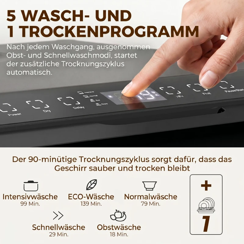 HOMCOM Tischgeschirrspüler, mit integriertem 6-Liter-Wassertank, 5 Programmen, 4 Gedecke, LED-Display Schwarz