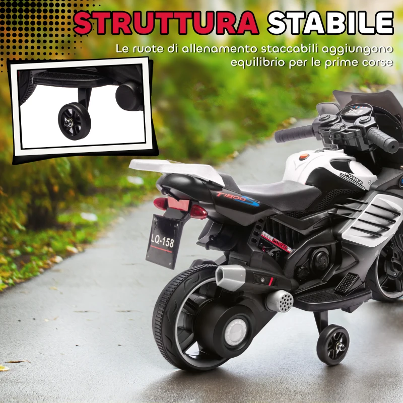 AIYAPLAY Moto Elettrica per Bambini da 6V con Rotelle Rimovibili, Fari e Musiche, Età 18-36 Mesi, Bianco