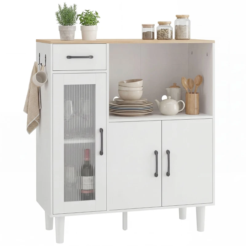 HOMCOM Buffet cuisine, meuble de rangement avec tiroir, 3 portes dont 1 en acrylique cannelée, étagère ouverte, blanc et chêne