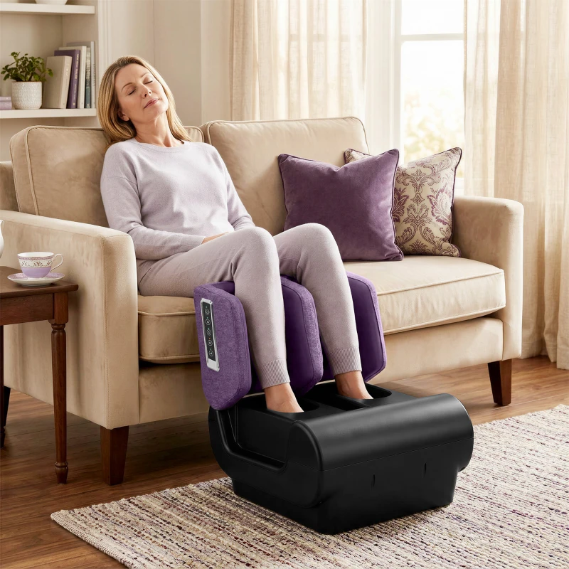 HOMCOM 2 in 1 Foot and Calf Massager with Heat, Air Compression, Timer, 3 Modes & Intensities, Purple and Black