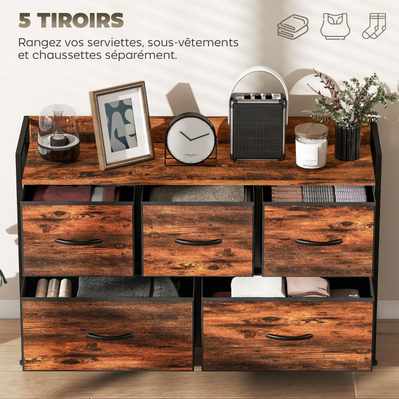 HOMCOM Commode, meuble de rangement avec 5 tiroirs en tissu pliables, plateau et cadre en acier, 98 x 29 x 63 cm, brun rustique