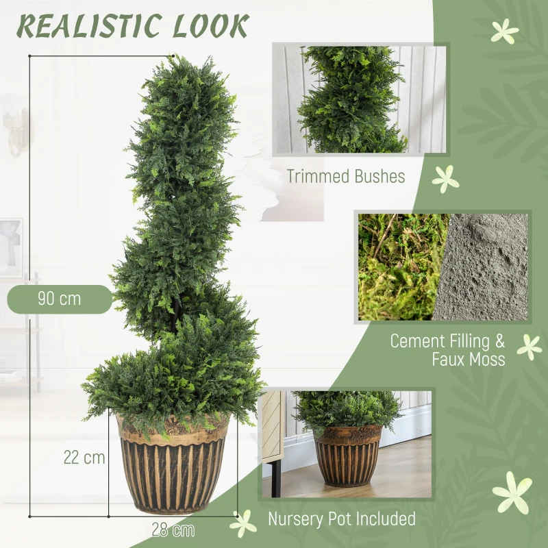 HOMCOM Set of 2 Artificial Plants, Topiary Spiral Boxwood Cypress Trees with Pot, for Home Indoor Outdoor Decor, 90cm