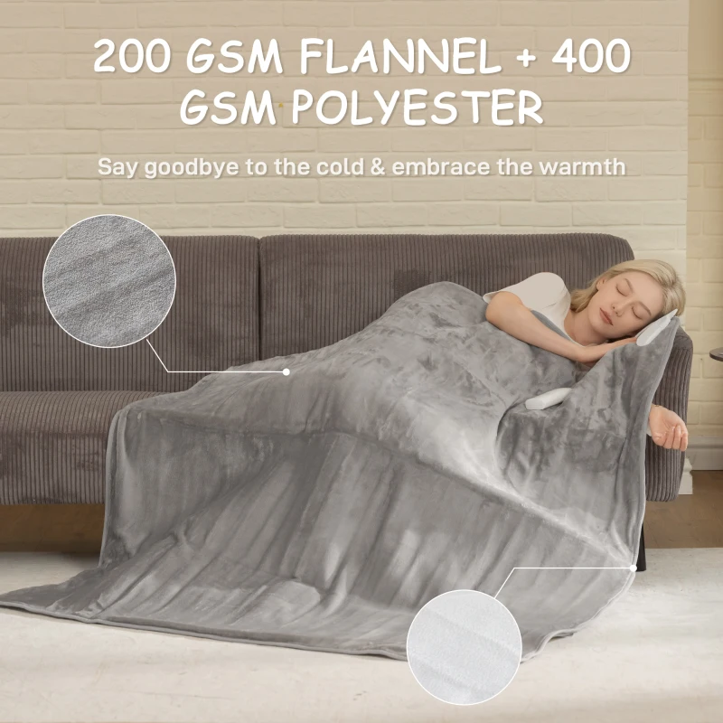 HOMCOM Electric Heated Blanket Throw 140 x 160cm with Dual Controllers, Machine Washable Heated Throw Blanket with Ultra Soft Flannel Fabric, 5 Heating Levels, 10 Hour Timer, Grey