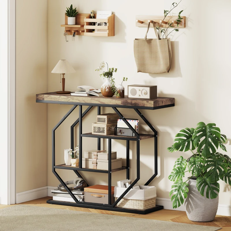 HOMCOM 4-Tier Industrial Console Table - Rustic Brown