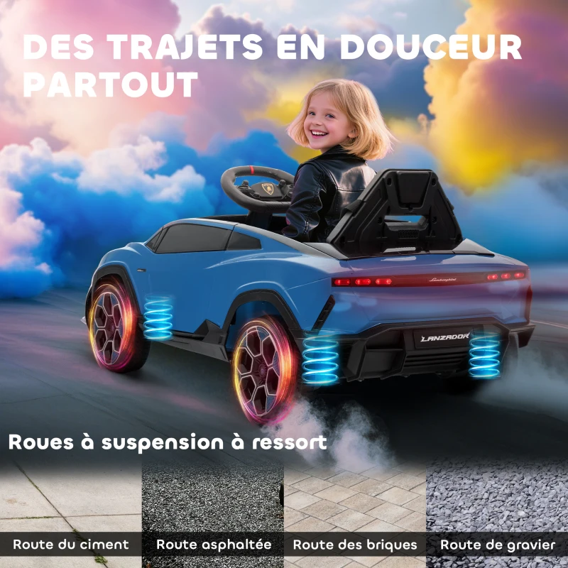 AIYAPLAY Voiture électrique enfant véhicule électrique Lamborghini 12V télécommande 2,4G et 2 moteurs vitesse max. 4 km/h bleu