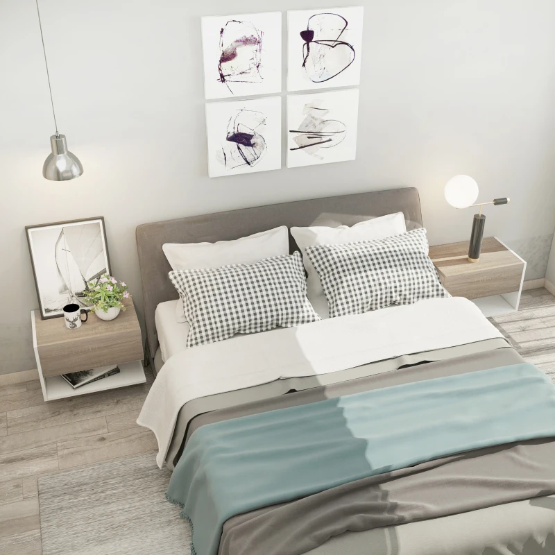 HOMCOM Set 2 Comodini Sospesi a Parete con Cassetto e Mensola Bianco e Rovere