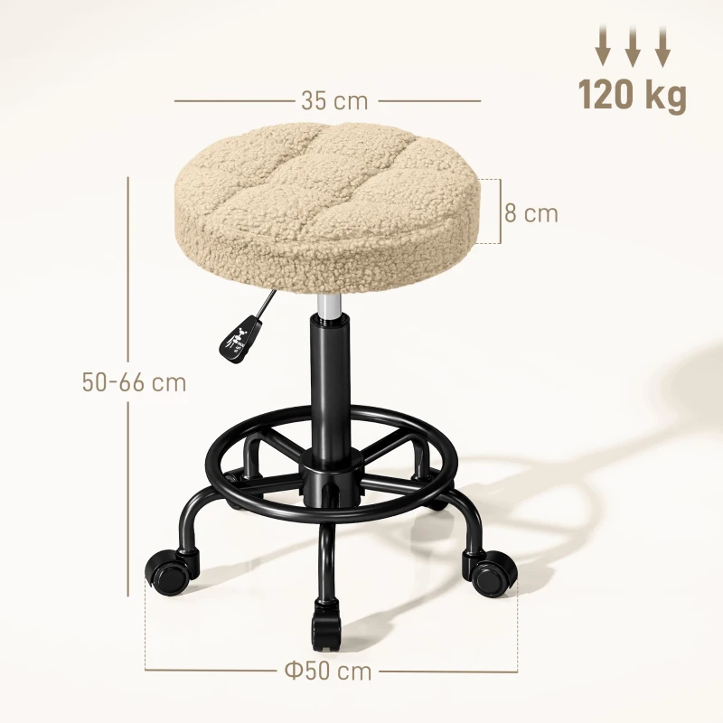 HOMCOM Taburete Giratorio Redondo Taburete con Ruedas Altura Regulable 50-66 cm Asiento Tapizado en Tejido de Borreguito Marrón