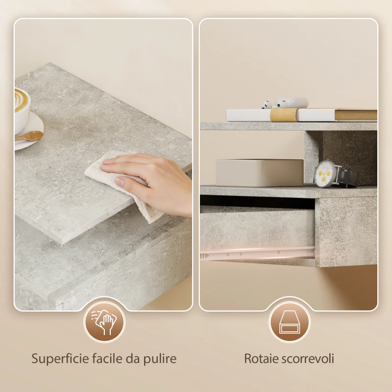 HOMCOM Set di 2 Comodini Sospesi con Cassetto e Mensola Aperta, 35x32x22.5 cm, Grigio Cemento