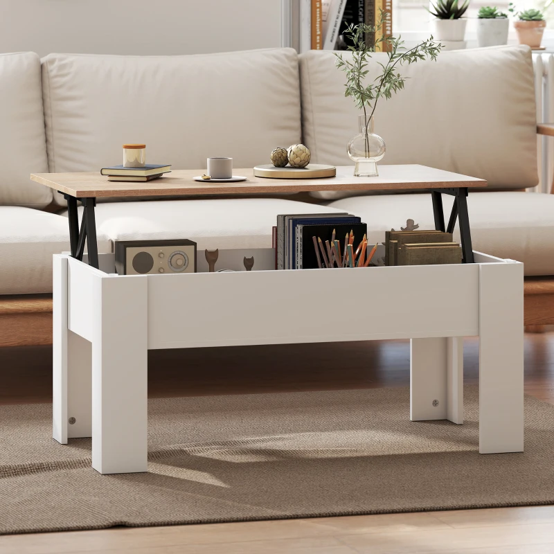 HOMCOM Table basse relevable, table de salon avec compartiment caché, style moderne, pour salon, bureau, 100x50x45cm, blanc