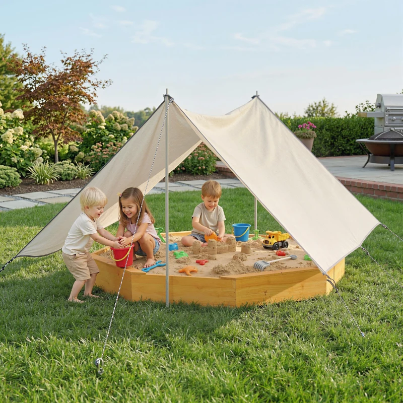 AIYAPLAY Sandkasten mit Dach 4 Sitzbänken Bodenplane für 8 Kinder von 3-8 Jahren für Outdoor Garten Holz 214,5 x 214,5 cm Gelb