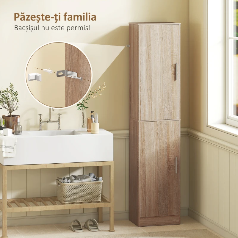 HOMCOM Dulap coloană pentru baie cu 2 compartimente și 6 rafturi reglabile, aspect lemn, 40x35x180 cm, culoare lemn