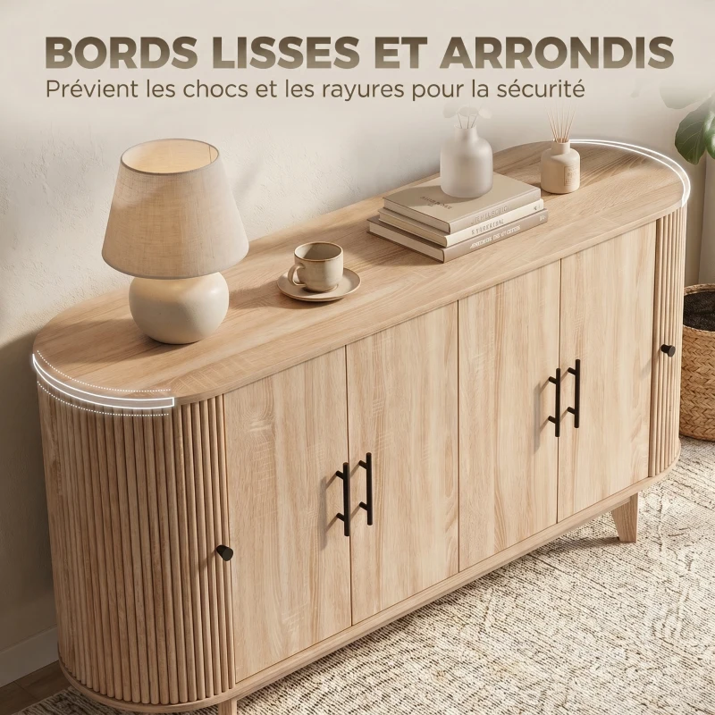 HOMCOM Buffet salon, meuble de rangement ovale avec 6 portes et 2 étagères réglables, 147x40x76cm, chêne
