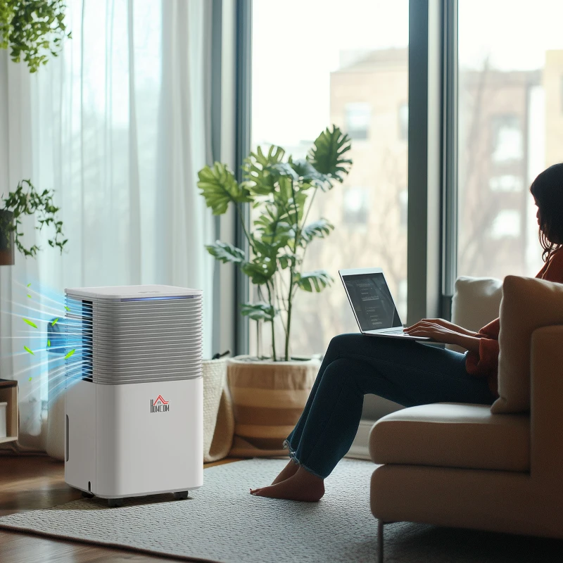 HOMCOM Deshumidificador 10L/día Silencioso con 3 Modos Pantalla LED Temporizado 24H Bloqueo Infantil y Drenaje Continuo Blanco