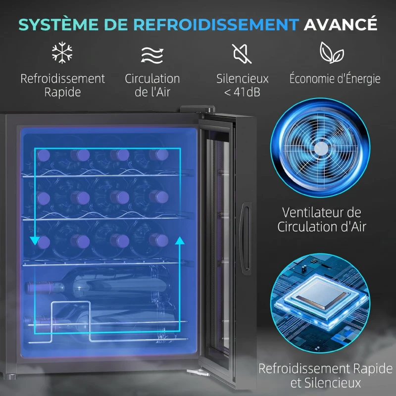 HOMCOM Cave à vin 16 bouteilles 42L, réfrigérateur à vin et boissons avec température réglable 5-18°C, porte en verre, noir