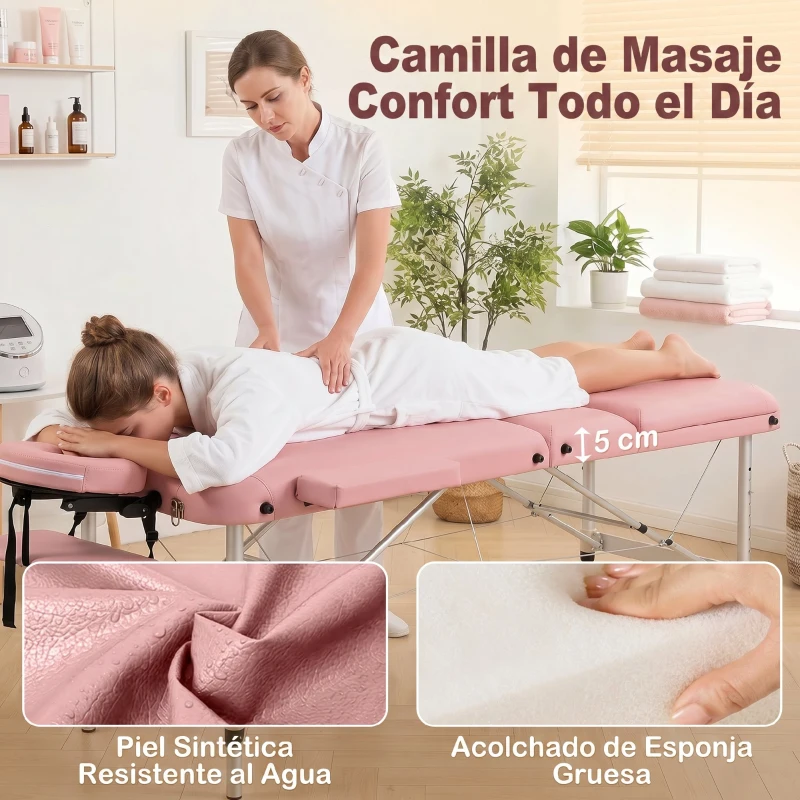 HOMCOM Camilla Masaje Plegable de Aluminio con Altura Ajustable 3 Zonas Reposacabezas Extraíble Bolsa de Transporte Rosa