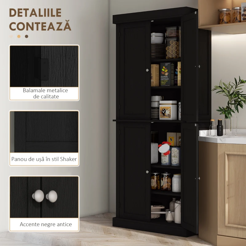 HOMCOM Dulap Înalt de Bucătărie cu 6 Rafturi Reglabile și 4 Uși din Lemn, 76x40.5x184 cm, Negru