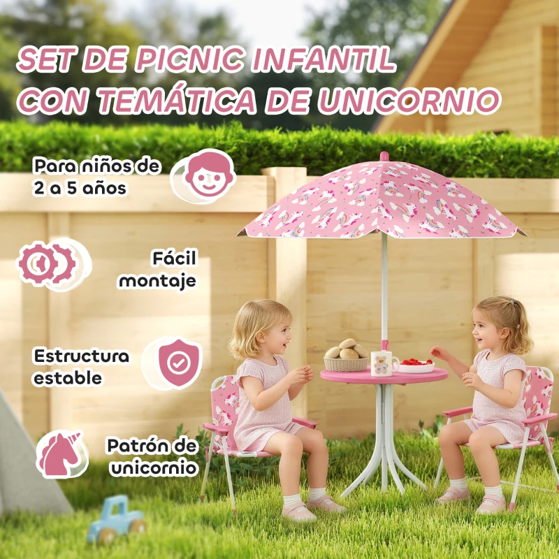 AIYAPLAY Conjunto de Mesa y Sillas Infantil de Jardín de 4 Piezas Sillas Plegables Sombrilla Desmontable Diseño Unicornios Rosa