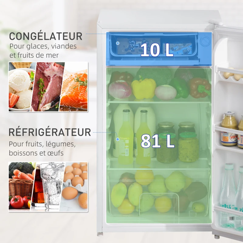 HOMCOM Réfrigérateur congélateur petit réfrigérateur 91 L étagères modulables design sous-comptoir 47,5 x 44,2 x 84 cm blanc