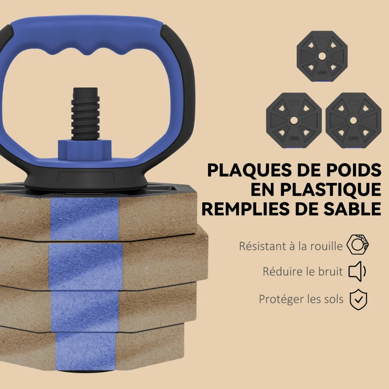 SPORTNOW Ensemble d'haltères musculation 6-en-1 haltère réglable 25 kg kettlebell, barre de musculation support pour pompes bleu