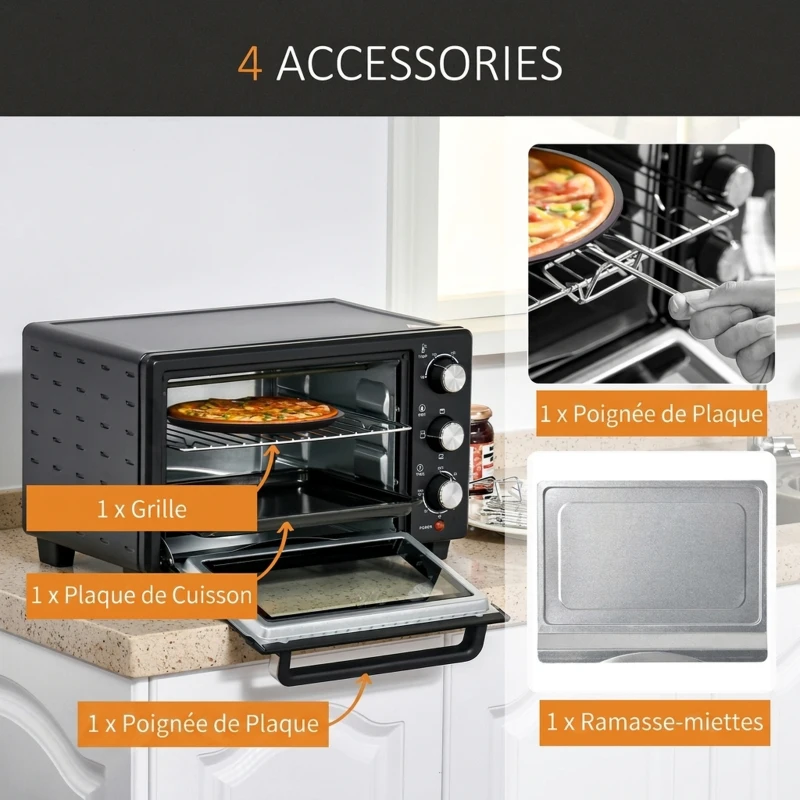 HOMCOM Mini four 1400 W 21 L - thermostat 230°C max - minuteur 60 min - 3 modes de cuisson - 4 accessoires inclus - acier inox. métal verre trempé noir