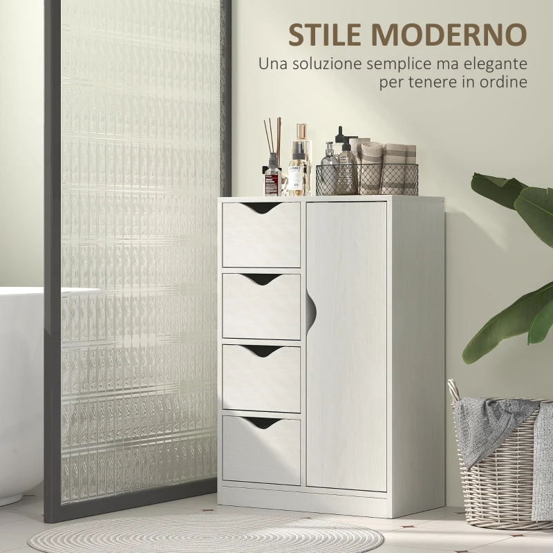 HOMCOM Mobile Bagno con 4 Cassetti, Armadietto a 2 Livelli e Maniglie Ritagliate, in Legno, 54x29x83 cm, Bianco
