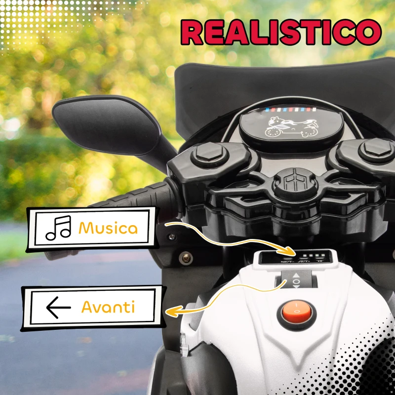 AIYAPLAY Moto Elettrica per Bambini da 6V con Rotelle Rimovibili, Fari e Musiche, Età 18-36 Mesi, Bianco