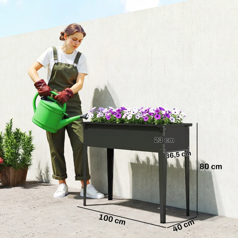 Outsunny Potager sur Pieds en Métal, Jardinière Surélevée 80L avec bords arrondis, Trou de Drainage, 100 x 40 x 80 cm, Noir