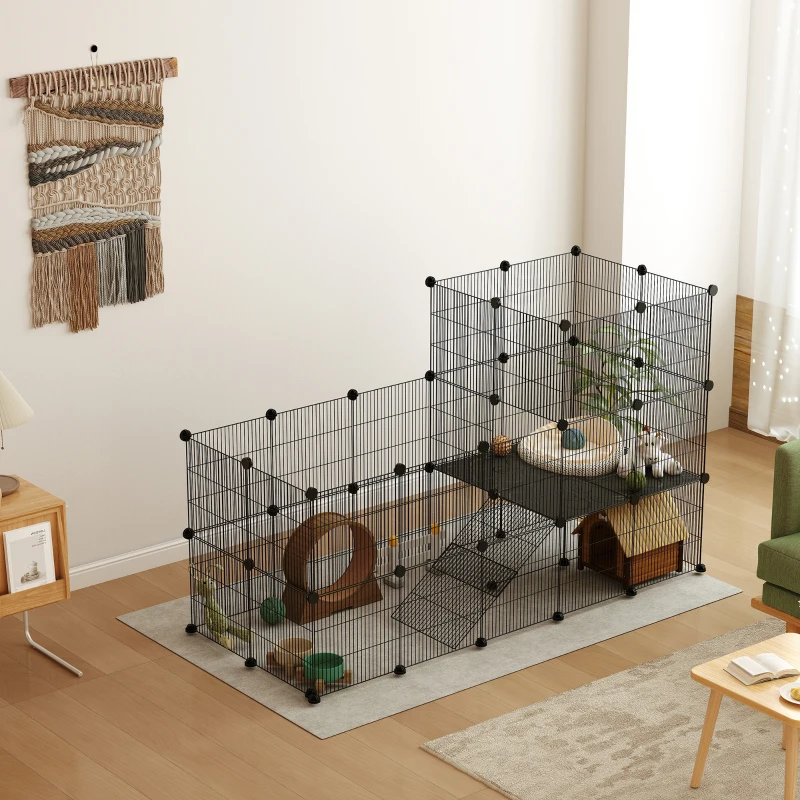 PawHut Enclos pour petits animaux, cage à lapin modulable 2 niveaux, 39 panneaux avec rampe, en acier, 140 x 70 x 105 cm, noir