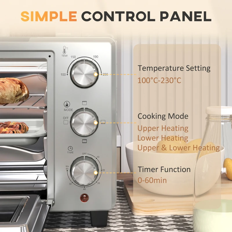 HOMCOM 21L Mini Countertop Oven, 100°C-230°C Adjustable Temp - Silver Tone