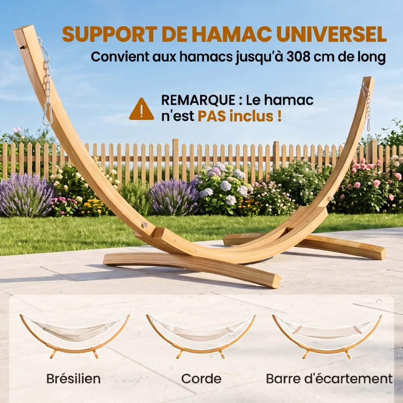 Outsunny Support pied de hamac structure robuste en bois de pin charge max. 120 Kg dim. 325L x 120l x 118H cm bois naturel