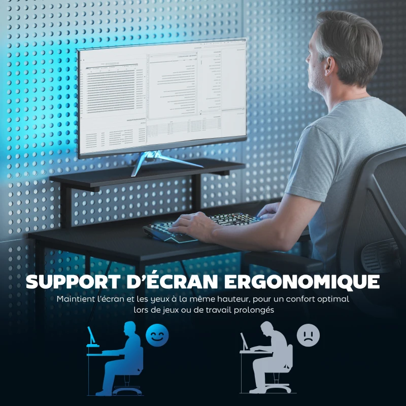 HOMCOM Bureau gaming réversible, bureau gaming d'angle, support pour écran, étagère en maille réglable, 114,5x82x91,5cm, noir