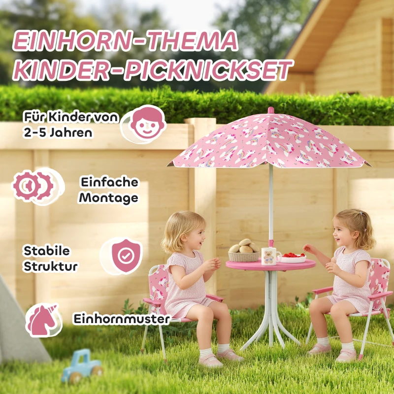 AIYAPLAY Kindersitzgruppe, 4 teilige Kindersitzgarnitur mit abnehmbarem Sonnenschirm, Kindertisch mit 2 Klappstühlen, Rosa