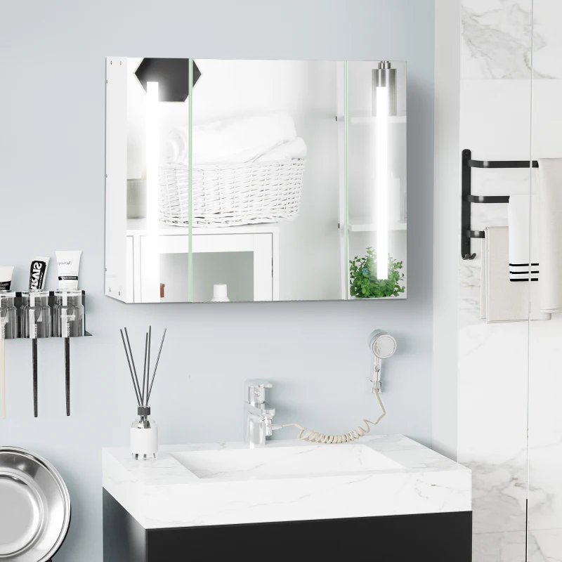 kleankin Armadietto Specchiera da Bagno con 3 Armadietti, 3 Ripiani e Luce LED, 90x15x65 cm, Bianco