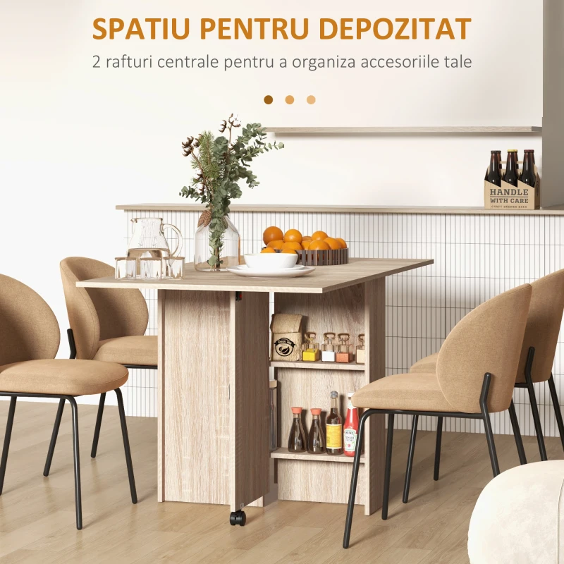 HOMCOM Masă Pliabilă cu 2 Extensii pentru 6 Persoane, cu Rafturi și Roți Integrate, Lemn Natural