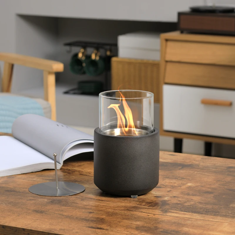 HOMCOM Chimenea Bioetanol Sobremesa Capacidad de 0,4L Combustión de 2,5h para Interior y Exterior 12x12x19cm Gris Oscuro