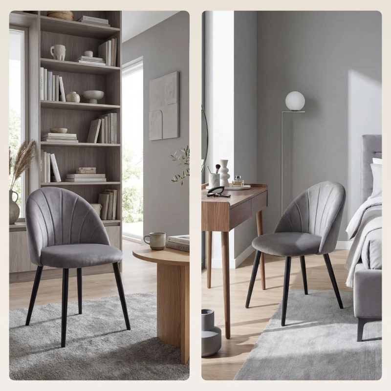 HOMCOM Set da 2 Sedie da Pranzo in Velluto Imbottite con Schienale a Conchiglia e Gambe in Metallo, Grigio