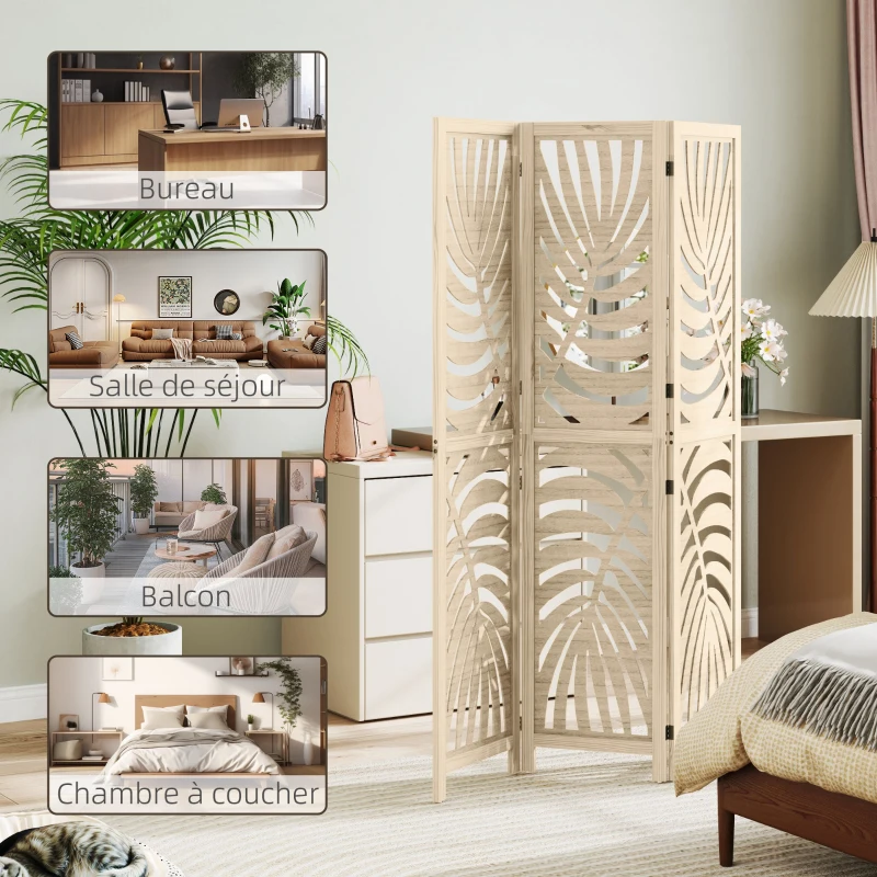 HOMCOM Paravent interieur en bois 3 panneaux 120 x 170 cm, pliable et portable, motif de feuille, design amovible, bois naturel