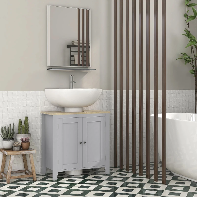 kleankin Under Sink Cabinet, Bathroom Sink Cabinet with 2 Doors, Pedestal Under Sink Design, Freestanding Bathroom Cupboard with Adjustable Shelf, Grey