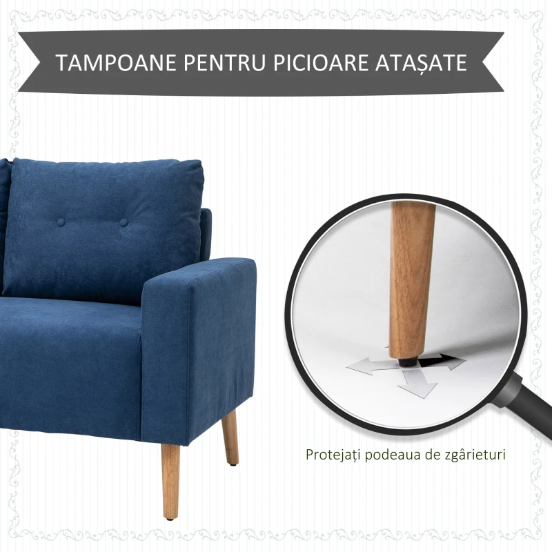 HOMCOM Canapea Modernă cu 2 Locuri, Stil Nordic, Matlasată, din Poliester și Lemn, 145x76x88 cm, Albastru